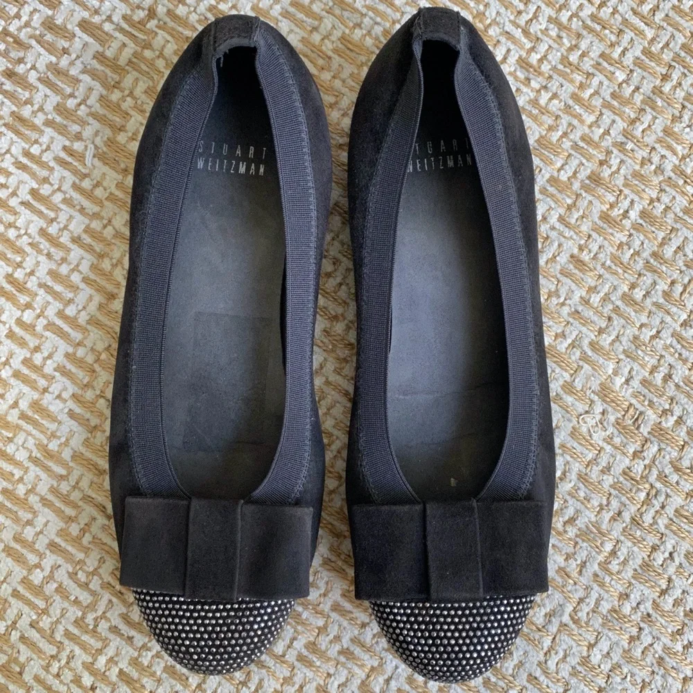 Stuart Weitzman Cabot Suede Studded Cup Bow Flats - 6-1/2 - Picture 3 of 10
